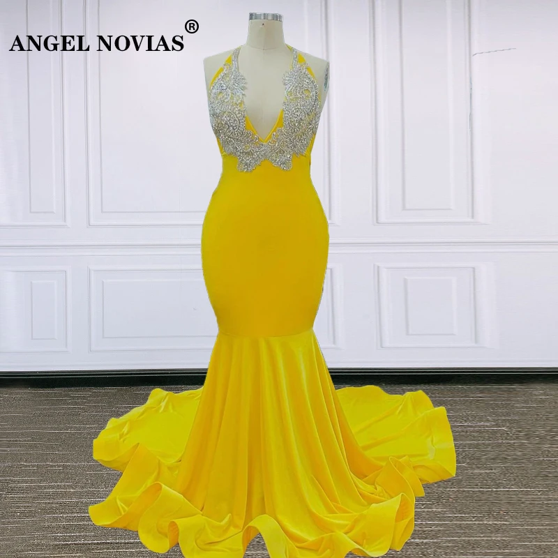 

Женское атласное платье на выпускной ANGEL NOVIAS, длинное желтое Сексуальное Платье с открытой спиной и лямкой на шее, вечернее платье на выпуск...