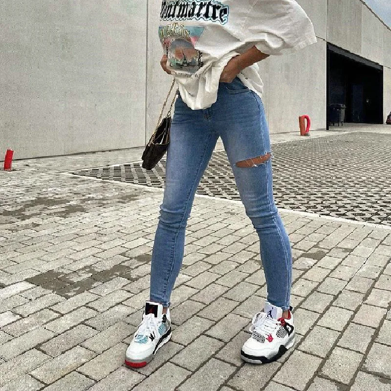 

WEPBEL Jeans Women's Casual Solid Color Slim Denim Pencil Pants Summer Fashion High Waist Button Ripped Stretch Jeans