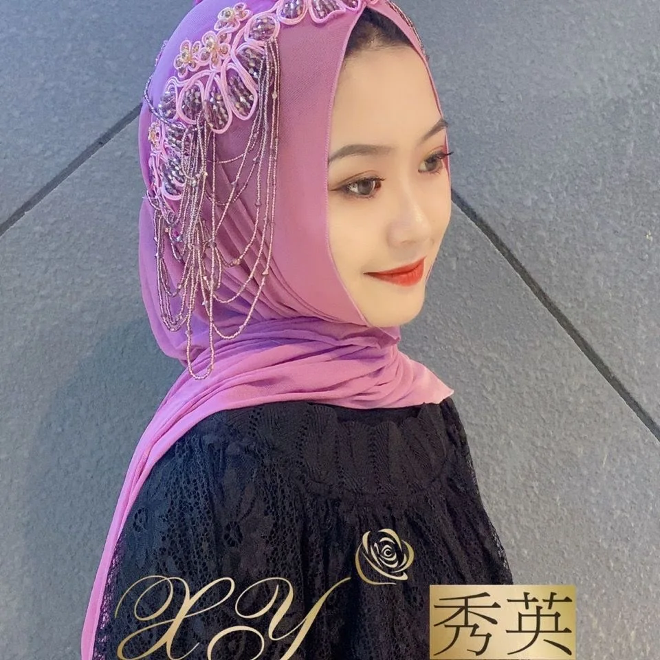 Длинный Шифоновый хиджаб с бисером и кисточками для мусульманских женщин из