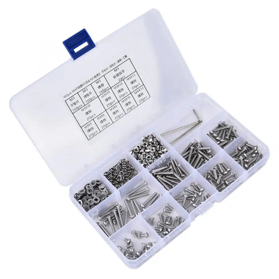 

662pcs SUS304 M3 Pan Head Hex Socket Screw Nut Flat Washer Spring Gasket Wrench Repair Kit