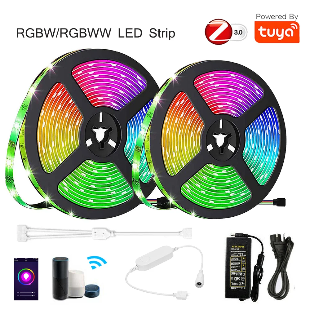 5m 10m TUYA Zigbee RGBW RGBWW Led Strip SMD 5050 Dimmable Light+Mini Controller+DC12V Power Echo Plus Google Home Voice Control