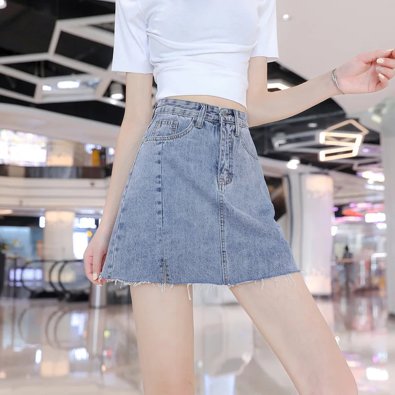 

High Waist A Line Summer New Women Jeans Short Patchwork With Lining Pockets Zipper Ladies Denim Short Fly Frayed Edge Split