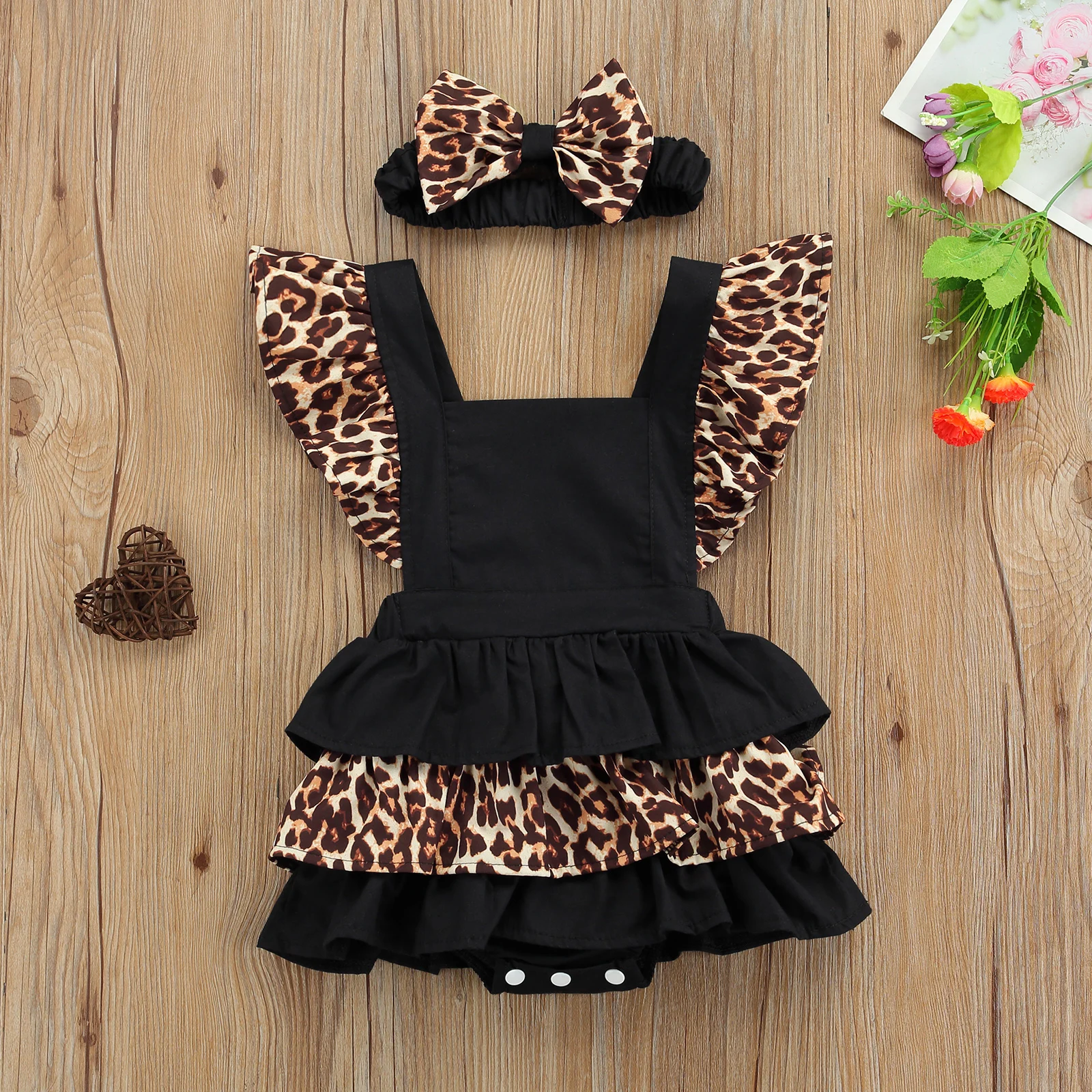 

Baby Girl Clothes Leopard Print Set, Flying Sleeve Square Collar Ruffles Jumpsuit + Bow-knot Headband Outfits Summer 0-24M