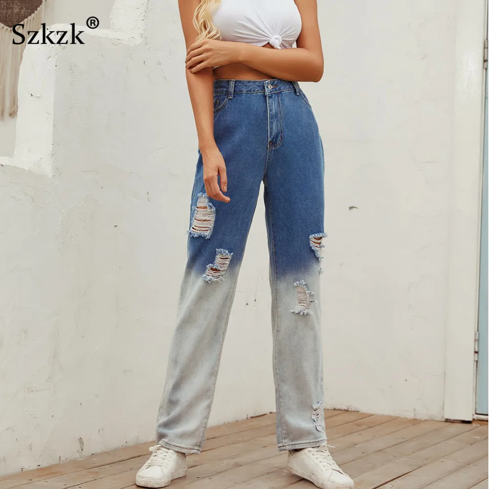 

Szkzk Casual Ripped Hole Straight Leg Jeans Women 2020 Full Length Button Pockets With Zipper Ladies Washed Denim Long Pants
