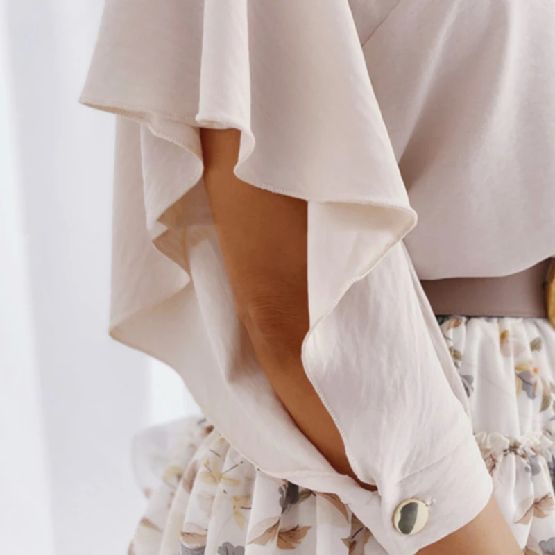 

Sexy V-neck Chiffon Blouse Shirt Women 2021 Summer Fashion Back Metal Buttoned Detail Blouses 2XL Butterfly Sleeve Ladies Tops