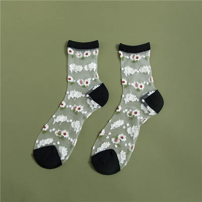 

Spring and Summer New Women's Socks Trend Small Chrysanthemum Spun Glass Tube Socks Daisy Sexy Silk Stockings Fashion Cool Socks