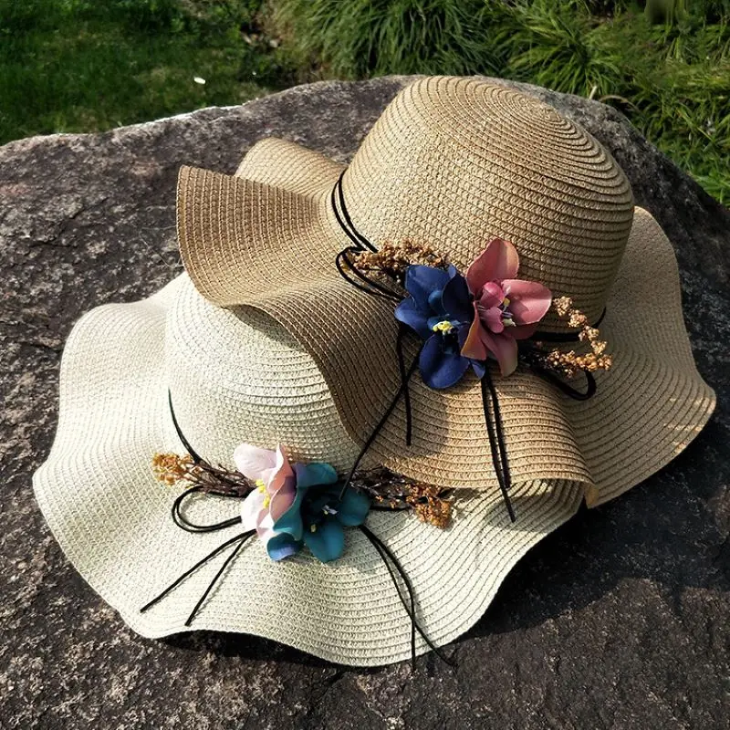 

Summer women's sunshade hat flower straw hat outdoor large eaves sunscreen Beach Hat folding