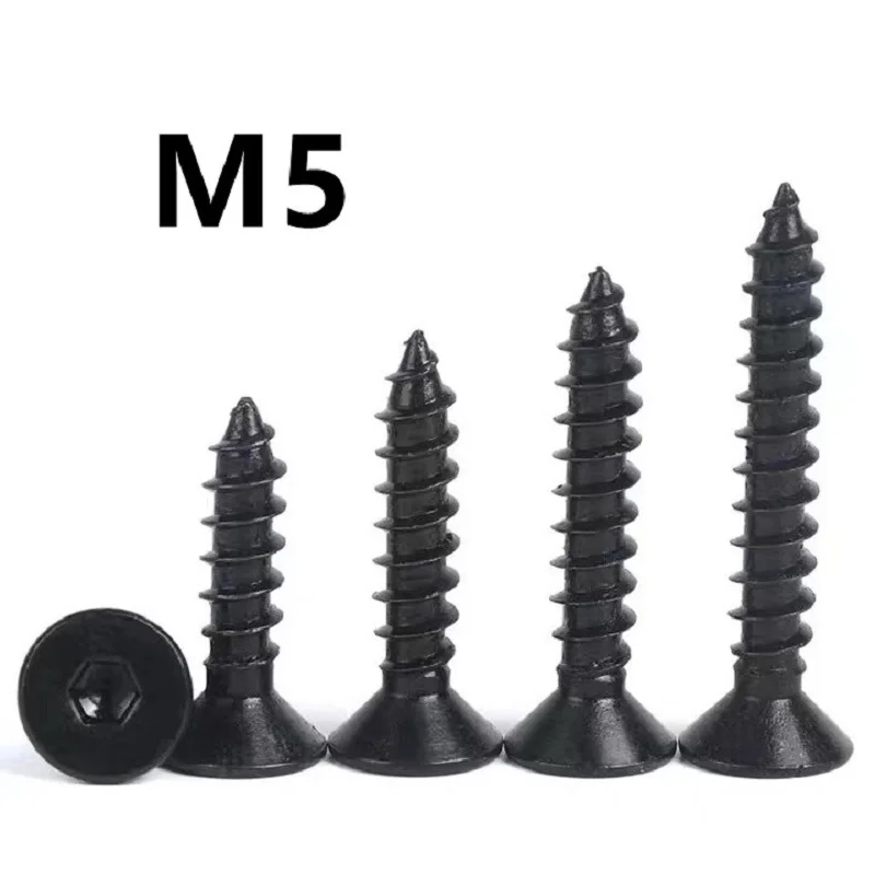 

50 шт./лот M5x16/20/25/30/35/40 мм с потайной головкой с шестигранной головкой Самонарезающий винт с плоской головкой и крестообразным шлицем черного ...
