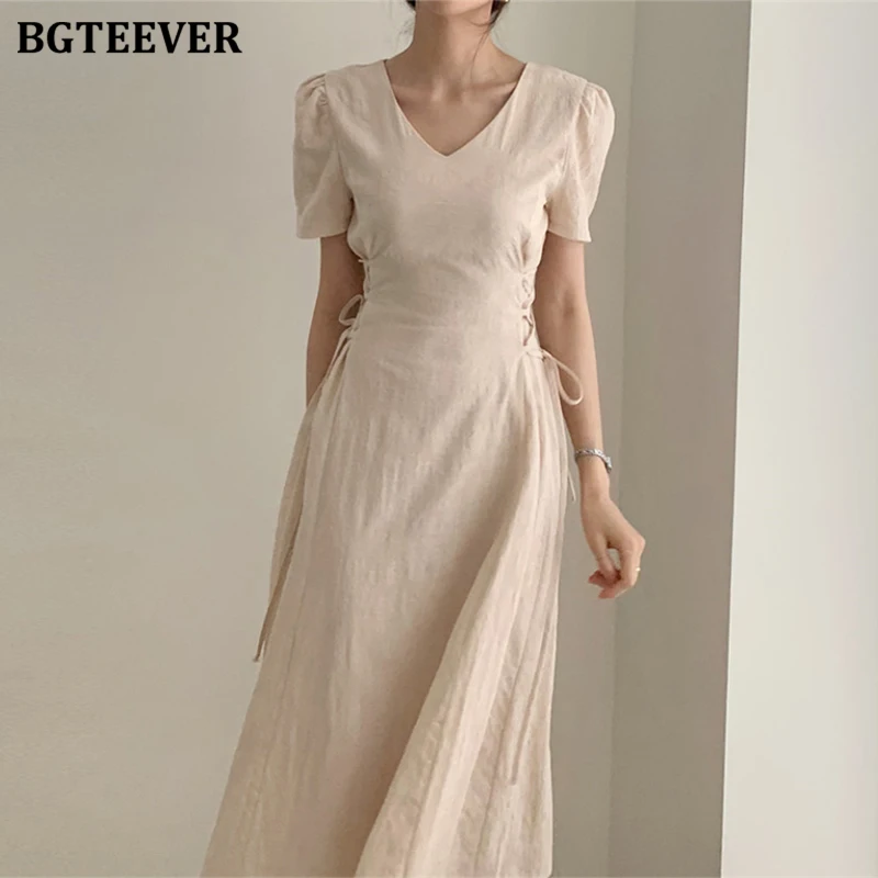 BGTEEVER Retro V-neck Slim Waist Women Dress Elegant Short Sleeve Lace Up Female 2020 Summer Floral Pattern Vestidos femme | Женская