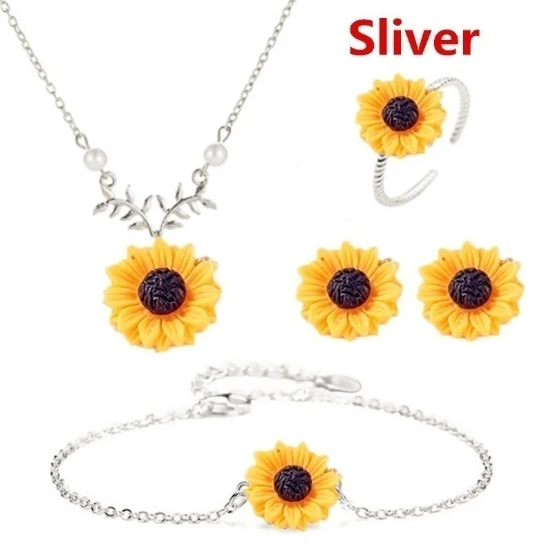 3 5PCS/Set Necklace Earring Bracelet Ring Set Women Fashion Jewelry Accessories Sunflower Jewelry Gifts Charm Pendant Necklaces - Окраска металла: 3