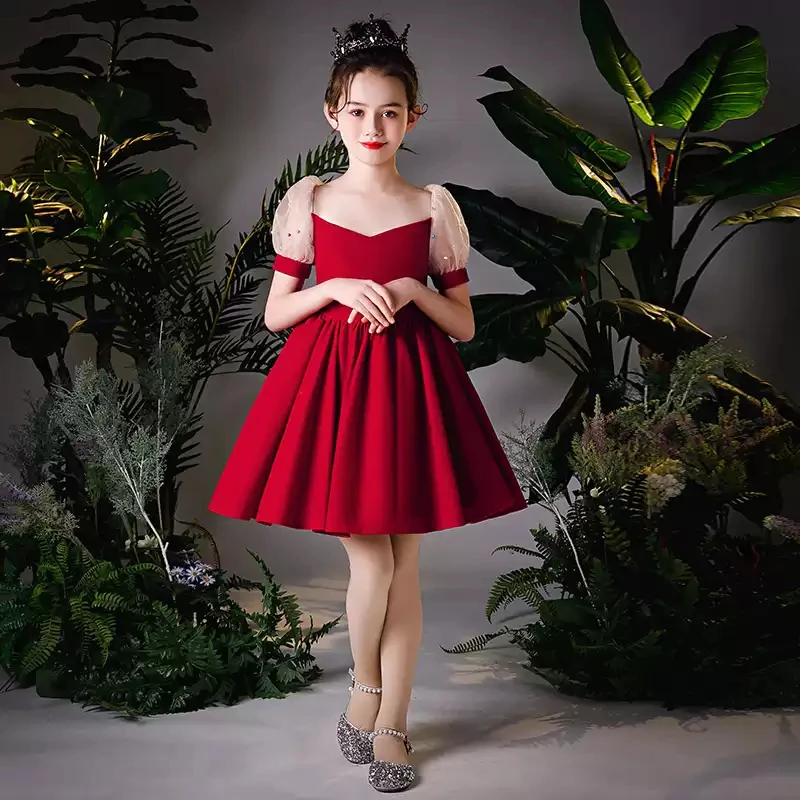

Flower Girl Dresses Vintage Pearls Sequined Short O-Neck Princess Knee-Length Luxury Lovely Jersey Elegant Kids Party Gown H409