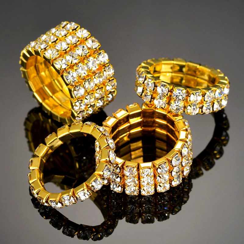 

1-5 Rows Gold Color Elastic Ring Jewelry Women Crystal Rhinestone Rings Set Wedding Accessories