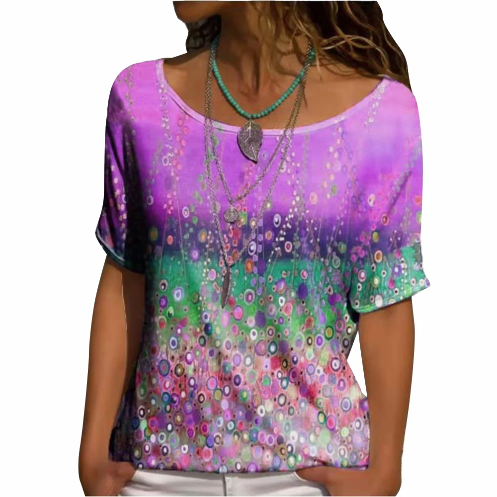 

Multicolor Printed Flowers Round Neck and Short Sleeves Casual for Lady Loose T-shirt Summer Tops Female Clothes