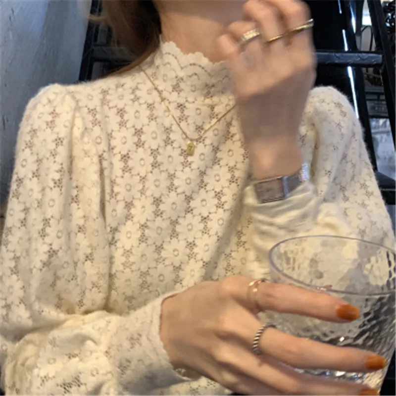 

Women Hollow-out worsted lace blouse Korean slim half-turtleneck blouse lace top