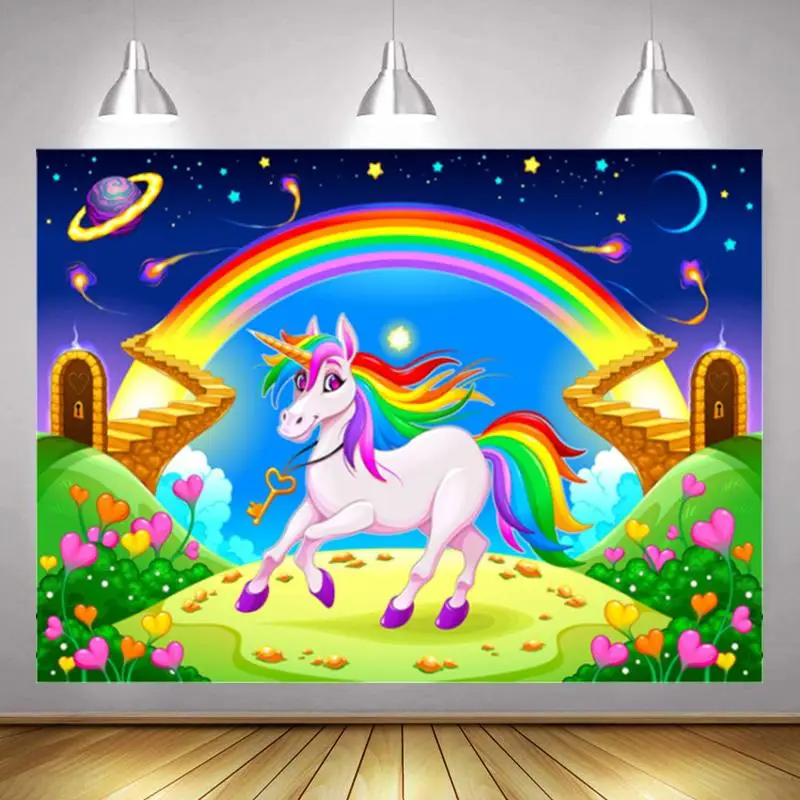 

Rainbow Unicorn Studio Photography Starry Sky Cartoon Background Girl Birthday Party 3D Children Photo Digital Backdrop Cloth