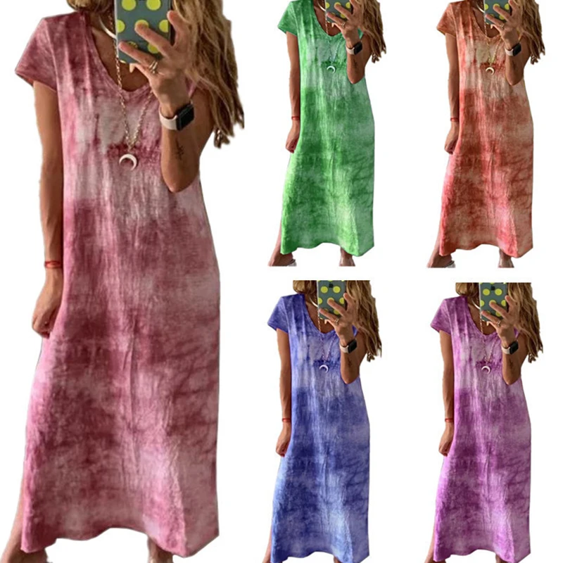

Big Size 3xl Tie Dye Maxi Dress Slit Gradient Color Women Short Sleeve Dress Deep V Neck Sukienka Baggy Boho Dress Summer Loose