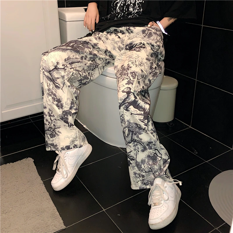 

Side Cargo Wide Pocket Drawstring High Waist Dark Graffiti Print Loose Straight Pant Streetwear Harajuku Summer Tracksuit Women