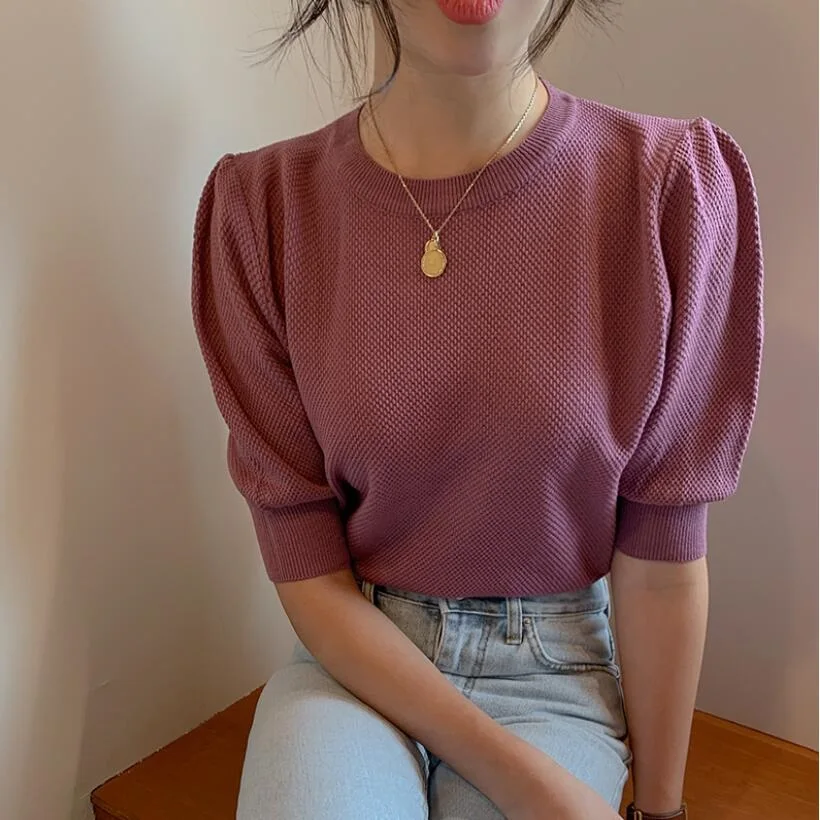 

New 2020 Summer Solid Color Knitted O-Neck T Shirt Women Korean Short Puff Sleeve T-shirt Ladies Tshirt Female Tops Tee JW9640