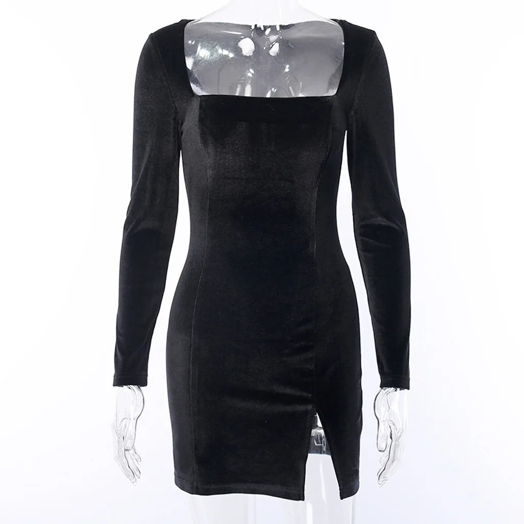 

Winter Women'S Fashion Square Collar Solid Long-Sleeved Dress Front Fork Split Knee Dress Party Nightclub Sexy Dress Z1129