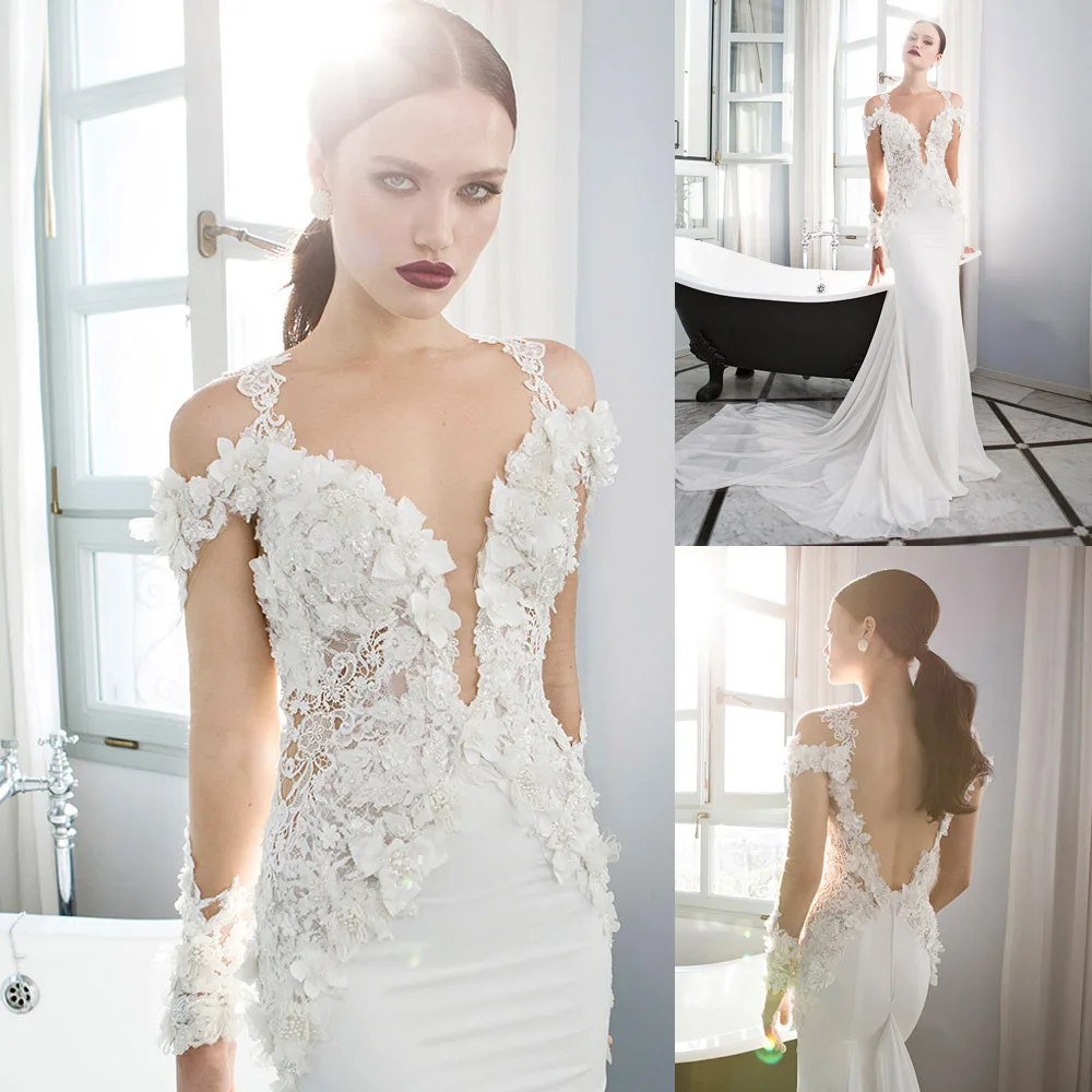 

Vestidos De Noivas 2018 Sexy Summer Backless Beach Wedding Dress Mermaid Lace Long Sleeve Bridal Dresses Gowns Chiffon