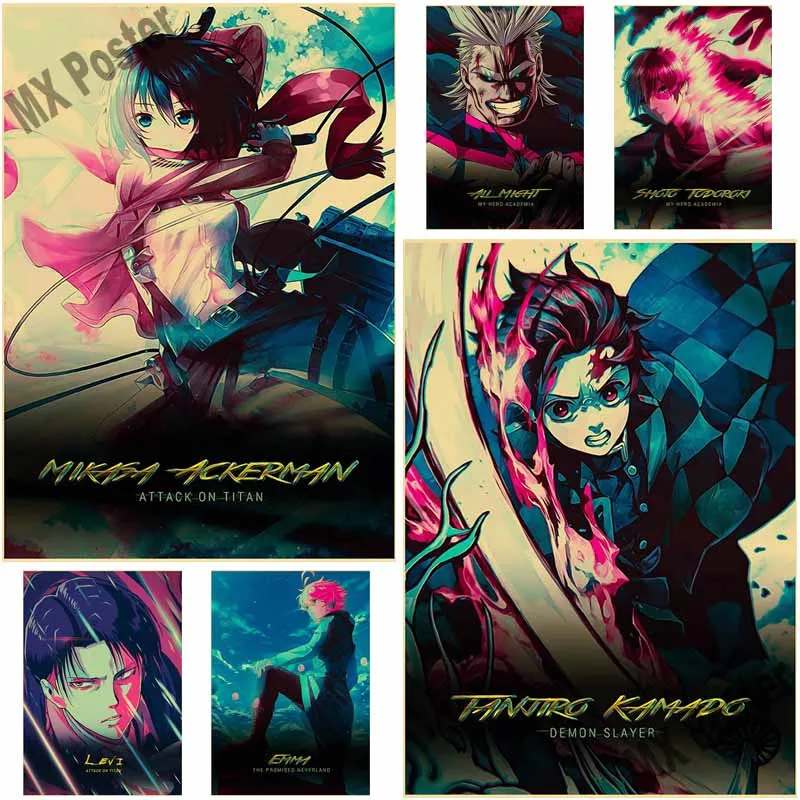 Киберпанк аниме персонажи постеры ретро крафт-бумага убийца демонов/атака на