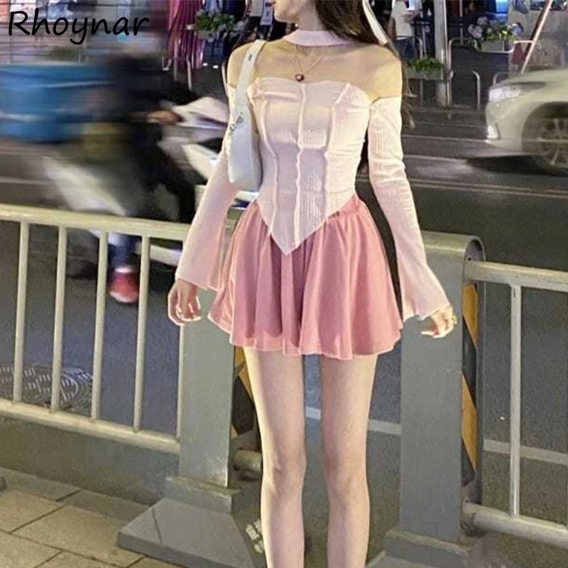 

Sets Women Korean Style Slim Sexy Pure Long Sleeve Halter Backless T-shirts Streetwear High Waist A-line Skirts Club Summer Chic