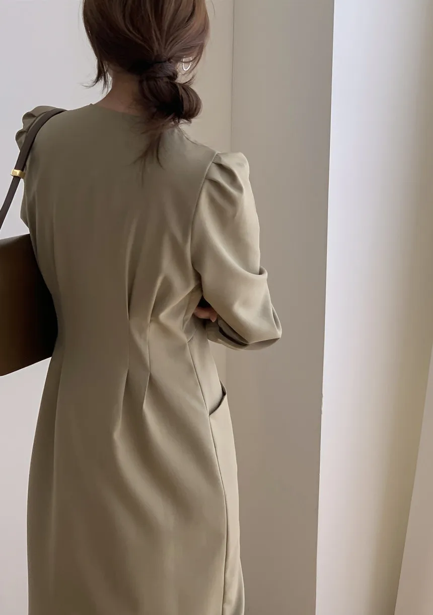 

Spring Autumn Fashion Female Single Button Long Sleeve Office Lady Solid Women Casual Slim Dress
