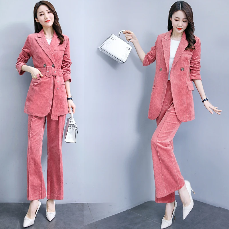 

Fashion Corduroy Blazer Wide Leg Pants Two Piece Set Office Lady Double Breasted Slim Suit Jacket Autumn Winter Trousers Suit
