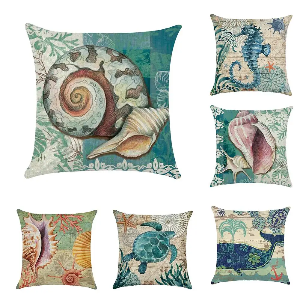 

45x45cm Removeable Linen Pillowcase Vintage Sea/Shell/Whale/Turtle Throw Pillow Case Bed Sofa Cushion Cover Office Home Decor