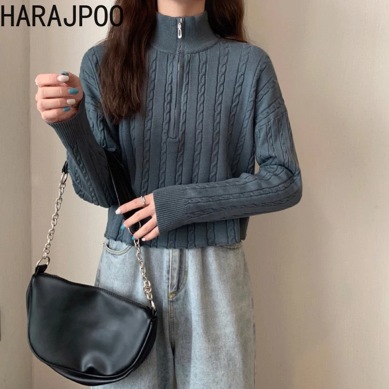 Женский Однотонный свитер Harajpoo с длинным рукавом на молнии завязками корейская