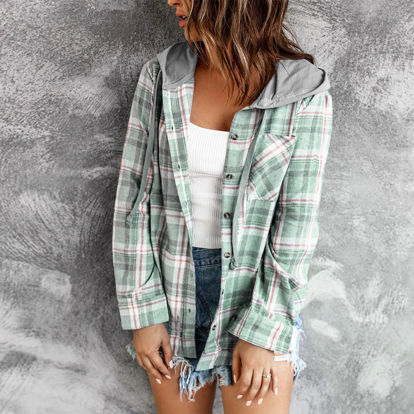 

Fashion Women Loose Tops Plaid Printed Long Sleeve Single-breasted Hooded Casual Coat Shirt Jacket Outwear Chaqueta Mujer#g3