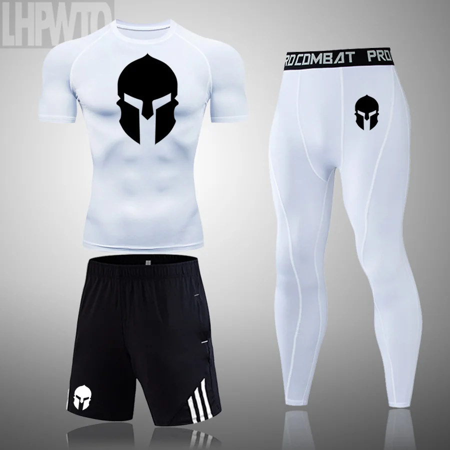 

Summer Sport Suit Men's Sets T Shirts+shorts 3 Pieces Sets Compression Tracksuit O-Neck Spartan Sportswear Sweatsuit Men