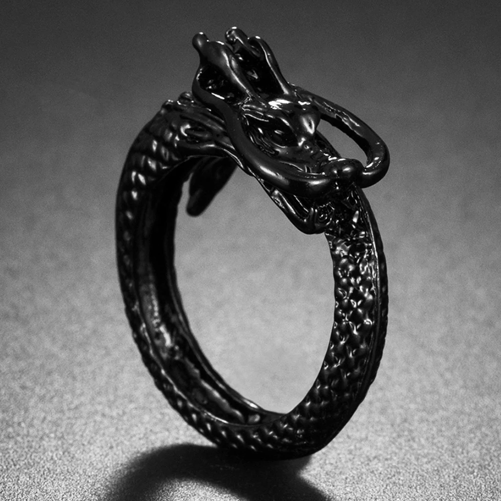 

2021 New Vintage Punk Exaggerated Spirit Black Cool Men Rings Fashion Stereoscopic Opening Dragon Party Ring Christmas Gift