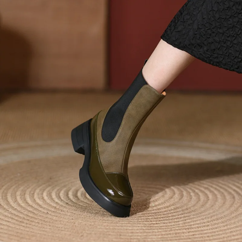 

Botines Chelsea de tacón grueso de estilo británico Vintage para mujer, botines de altura, botines de punta redonda,2021