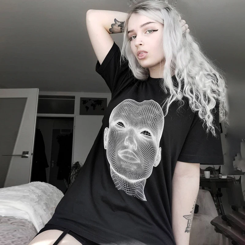 

Rockmore Gothic Skulls Print T-Shirt Women Oversized Short Sleeve Casual Streetwear Hip Hop Long Shirts Basic Tshirts Tee Summer