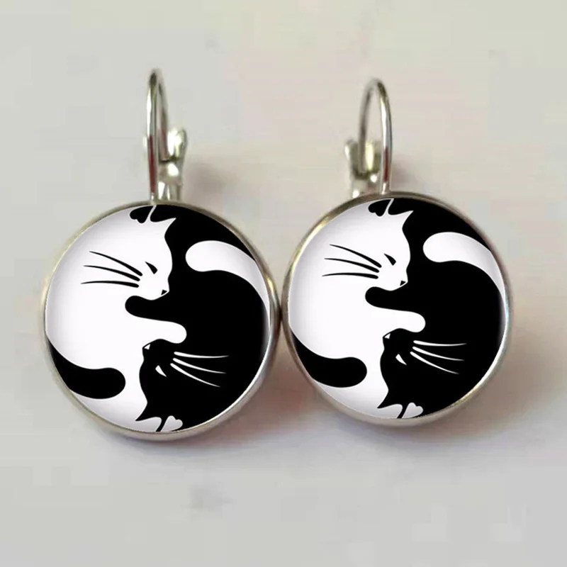Vintage Yin Yang Cats Glass Cabochon Statement Pendant Drop Earrings For Women Females Jewelry Gift Hot Sale | Украшения и