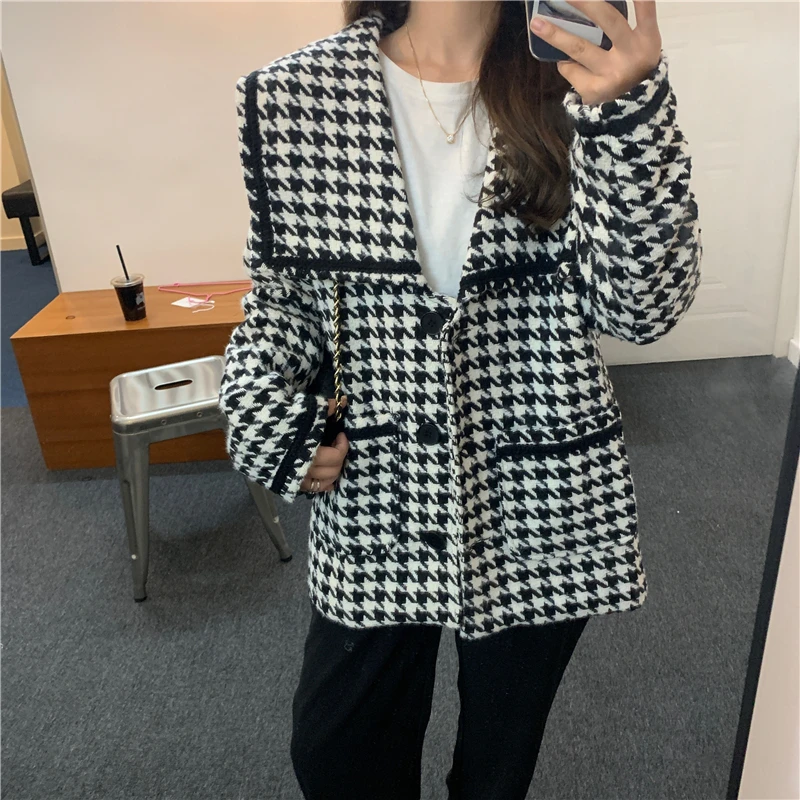 Женское шерстяное пальто клетчатая куртка осенне зимнее Смешанное модное