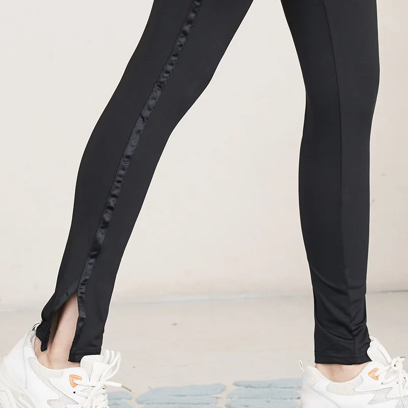 

New Products Ladies Fashion Casual Pure Black Webbing Stitching Long Split High Stretch Slim Sports All-match Sexy Leggings