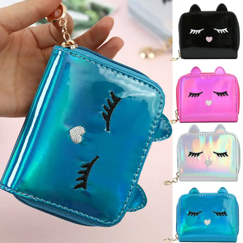 Новинка 2019 женские милые кошельки для монет с кошкой PU кошелек голограммой клатч