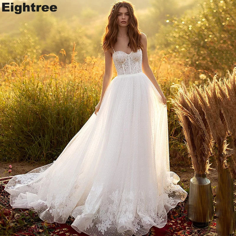 

Eightree New Bohemian Lace Wedding Dresses Sleeveless Beach 2021 Bride Gown Romantic Princess Plus Size Vestido de Noiva