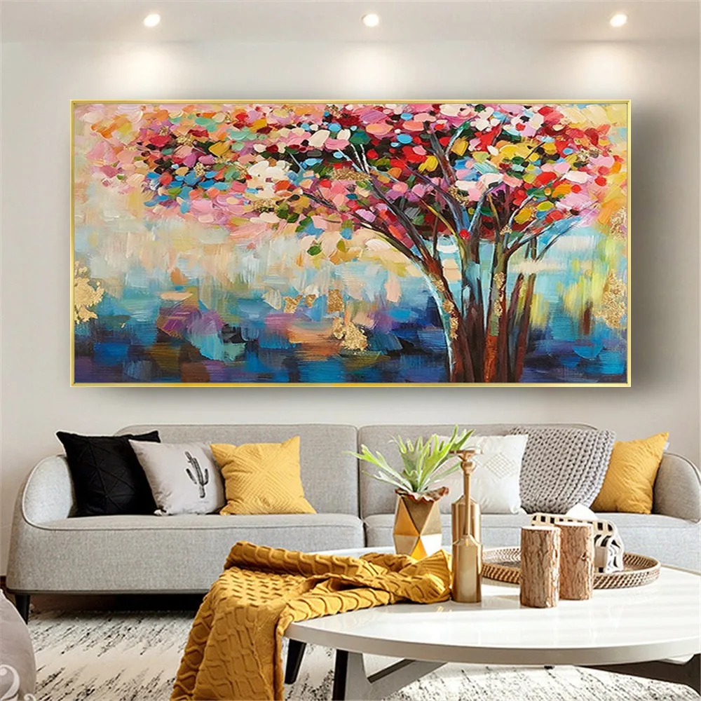 

Large 100% handmade thick texture picture 100% hand-painted palette knife trees oil painting canvas wall art living room artwork