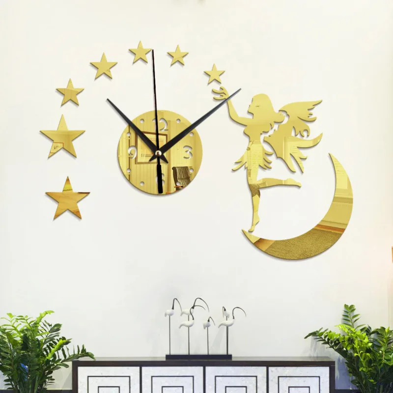 

Acrylic Mirror Wall Clock Fairy Dancing On The Moon And Stars Pattern Clock Modern Home Mirror Decoration Clock