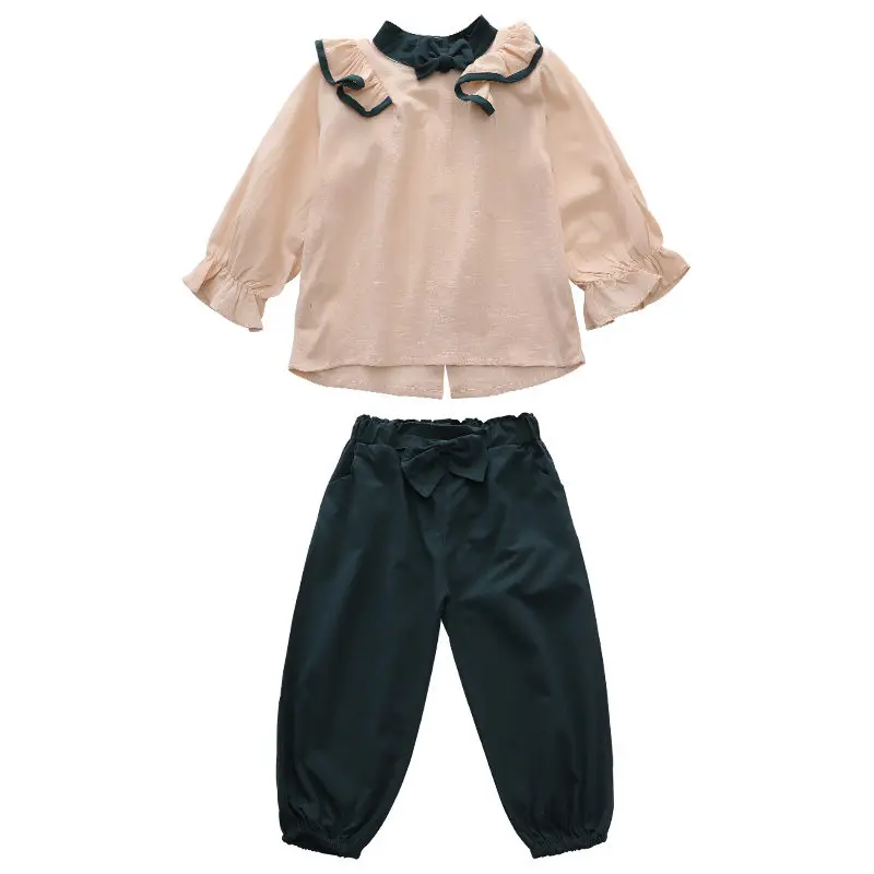 

Girl Set Spring Autumn 2021 Sweet Baby Kids Girls Clothing Sets Children Bow Lace Shirt and Loose Harem Pants Teens Sports Suits