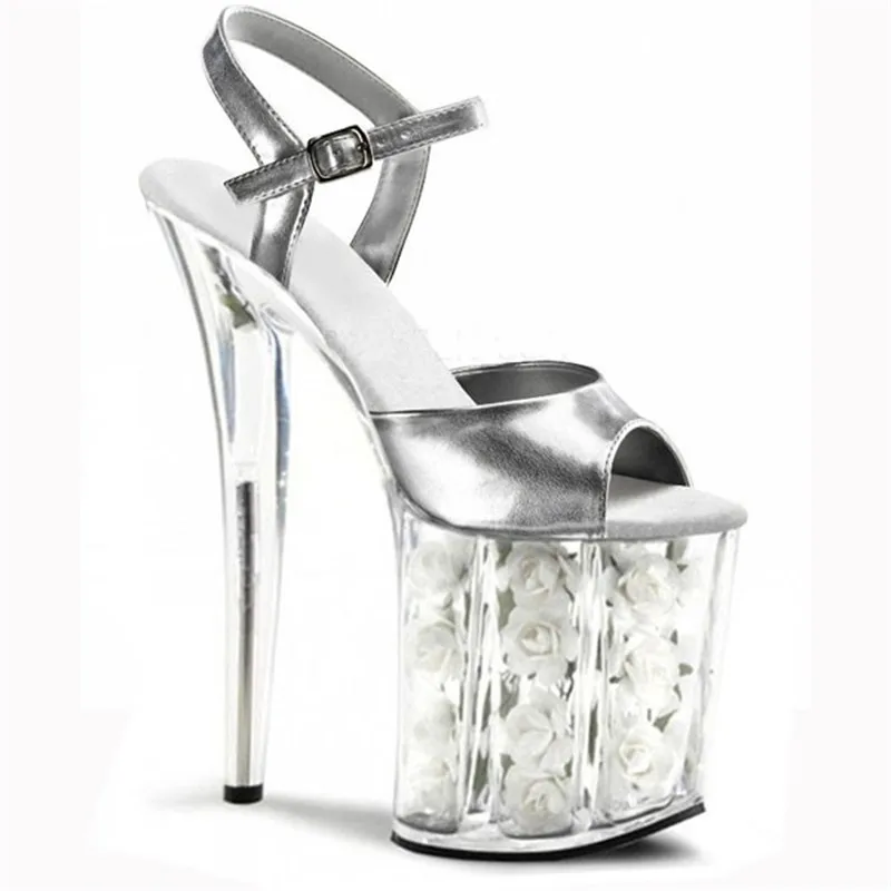 8-inch platform silver rose crystal sandals, white flowers for 20 cm high shoes, sexy dancing shoes