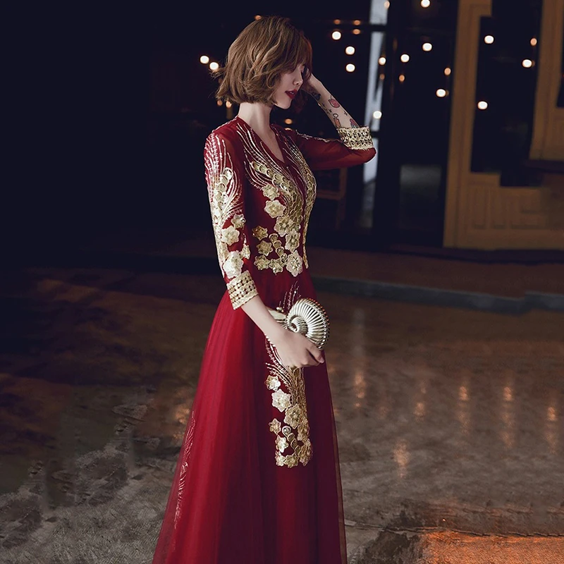 Модное женское осенне зимнее свадебное вечернее платье с длинными рукавами