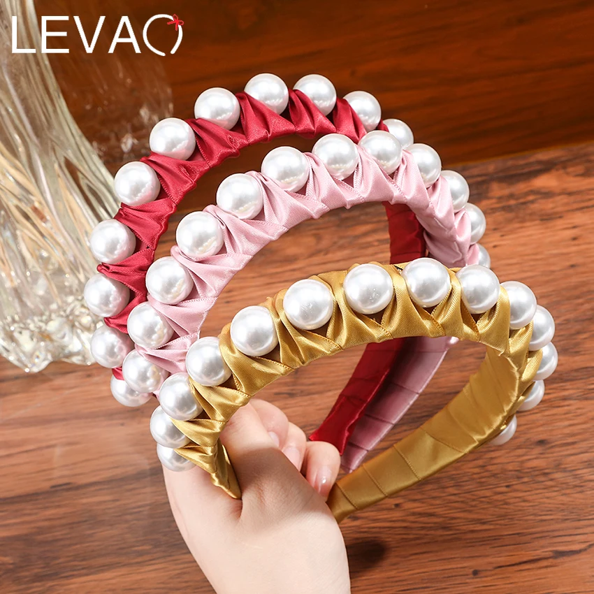 

LEVAO High Quality Imitation Pearl Elastic Headband Fully Wrapped Braided Knot Ladies Decorative Hair Hoop ​Hair Accessories