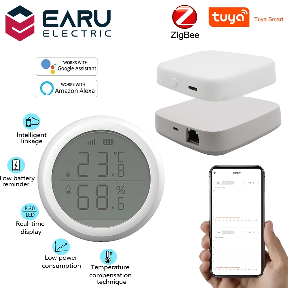 

Беспроводной датчик температуры и влажности TUYA ZigBee Hub, светодиодный экран, работает с приложением Smart Life, поддержкой Google Home, Alexa Home Assistant
