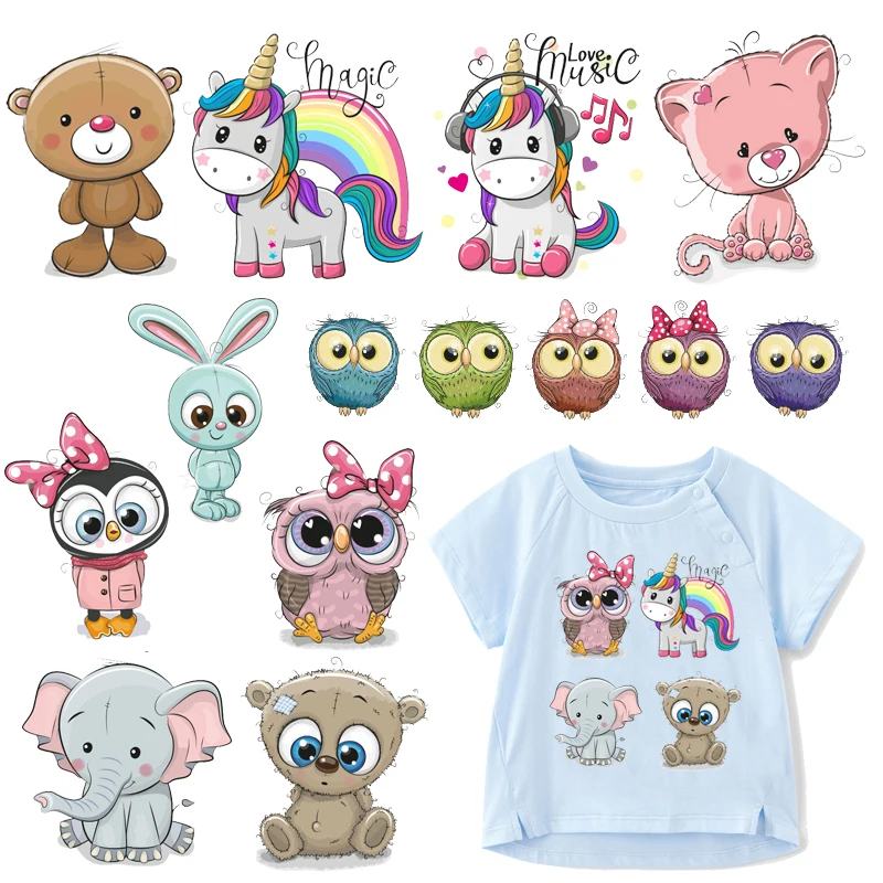 

Cute Animal Patches Set Iron on Transfer Unicorn Owl Cat Dog Patches for Girl Kids Clothing DIY Heat Transfer Vinyl Stickers H