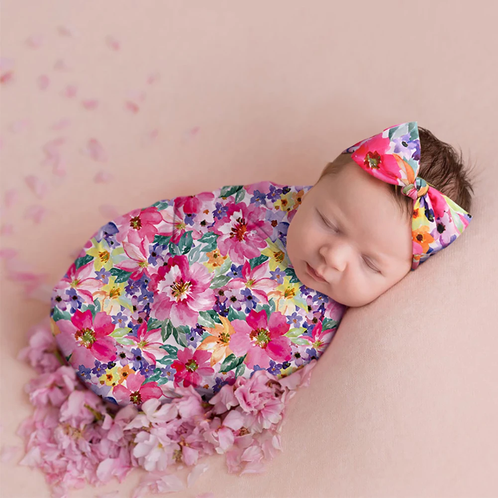 

Receiving Backdrop Soft With Headband Infant Photography Props Accessories Newborn Floral Sleeping Swaddle Wrap Baby Blanket