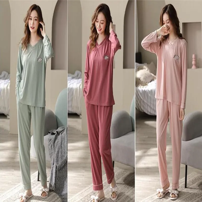 

M-4XL Women Pijama Knitted Cotton Long Sleeve V-neck Sleepwear Sweet Girls Homewear Clothing